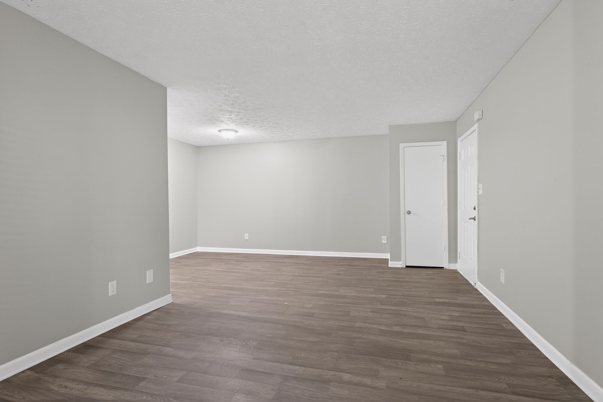 Empty gray living room with wood flooring and white doors