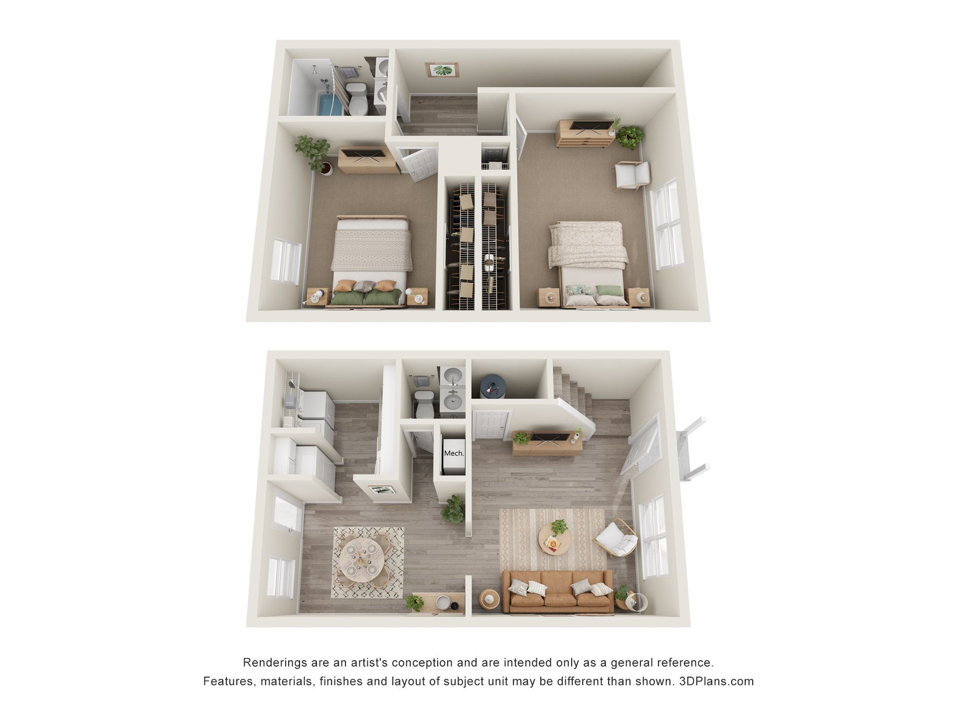 Two floor plan layouts of small apartments, showing bedrooms, bathrooms, and living areas from above