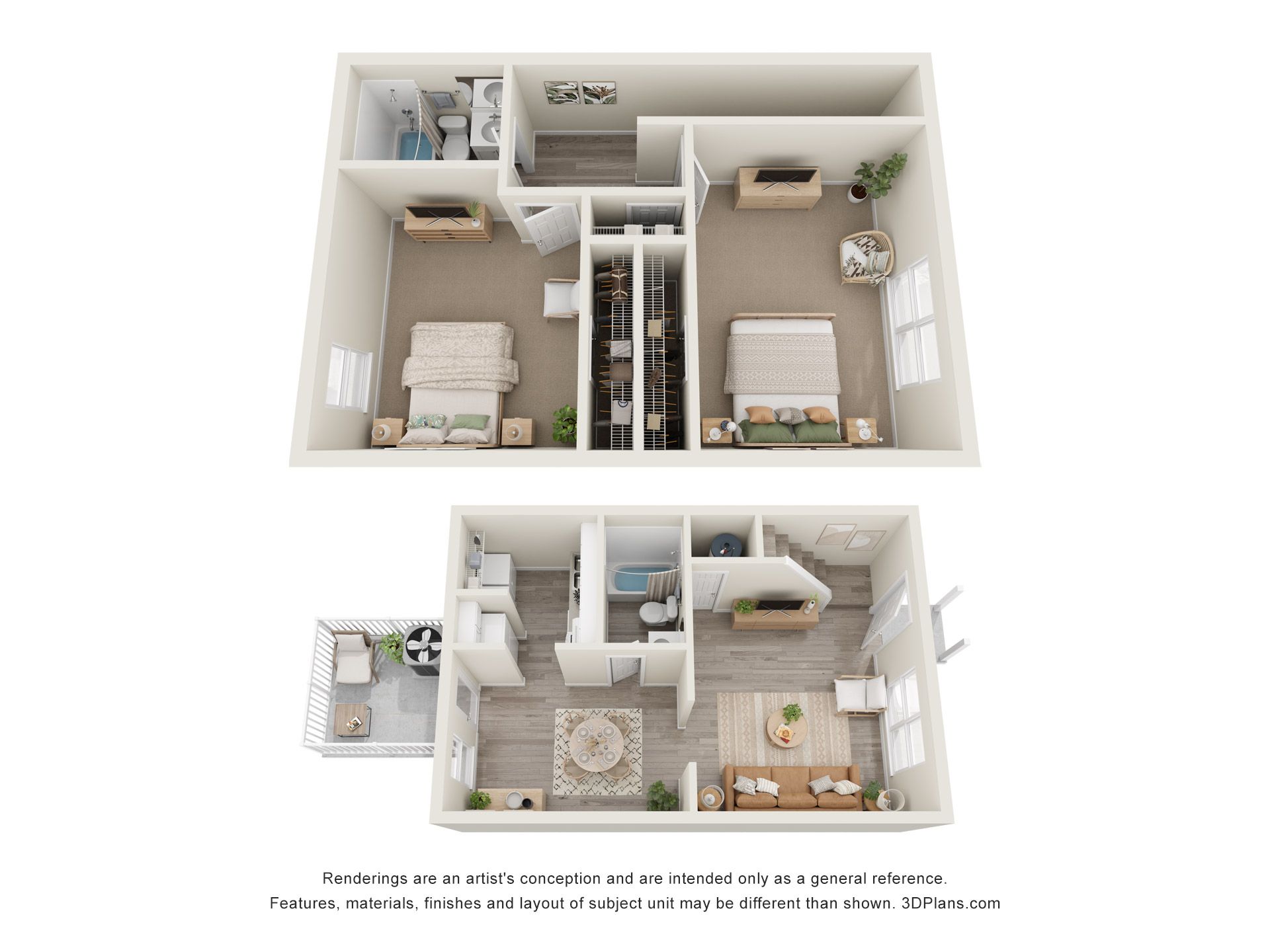 Two 3D apartment floor plans with bedrooms, bathrooms, kitchen, and living areas.
