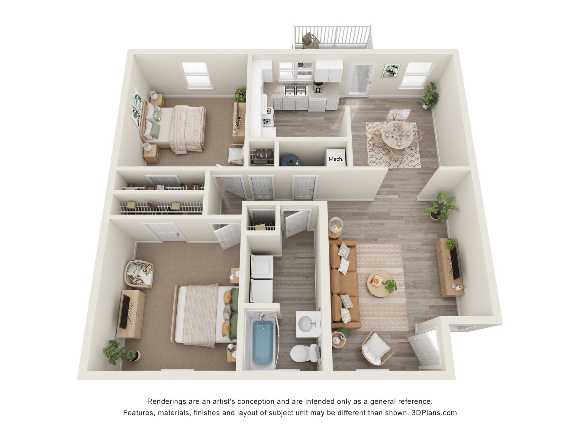 3D apartment floor plan with living room, kitchen, bedroom, bathroom, and balcony in neutral tones
