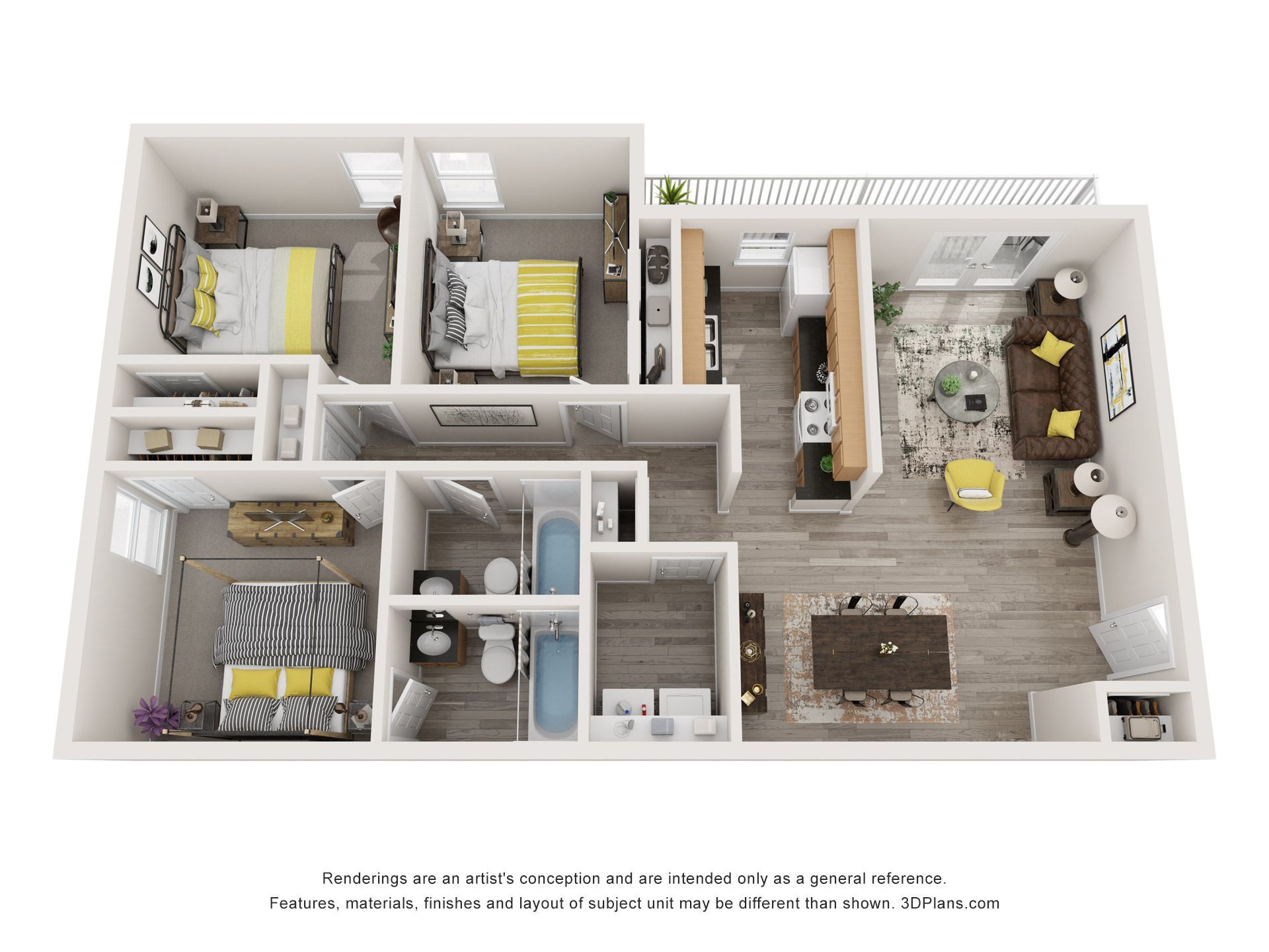 3D floor plan of a small apartment with three bedrooms, bathroom, kitchen, and open living room/dining area