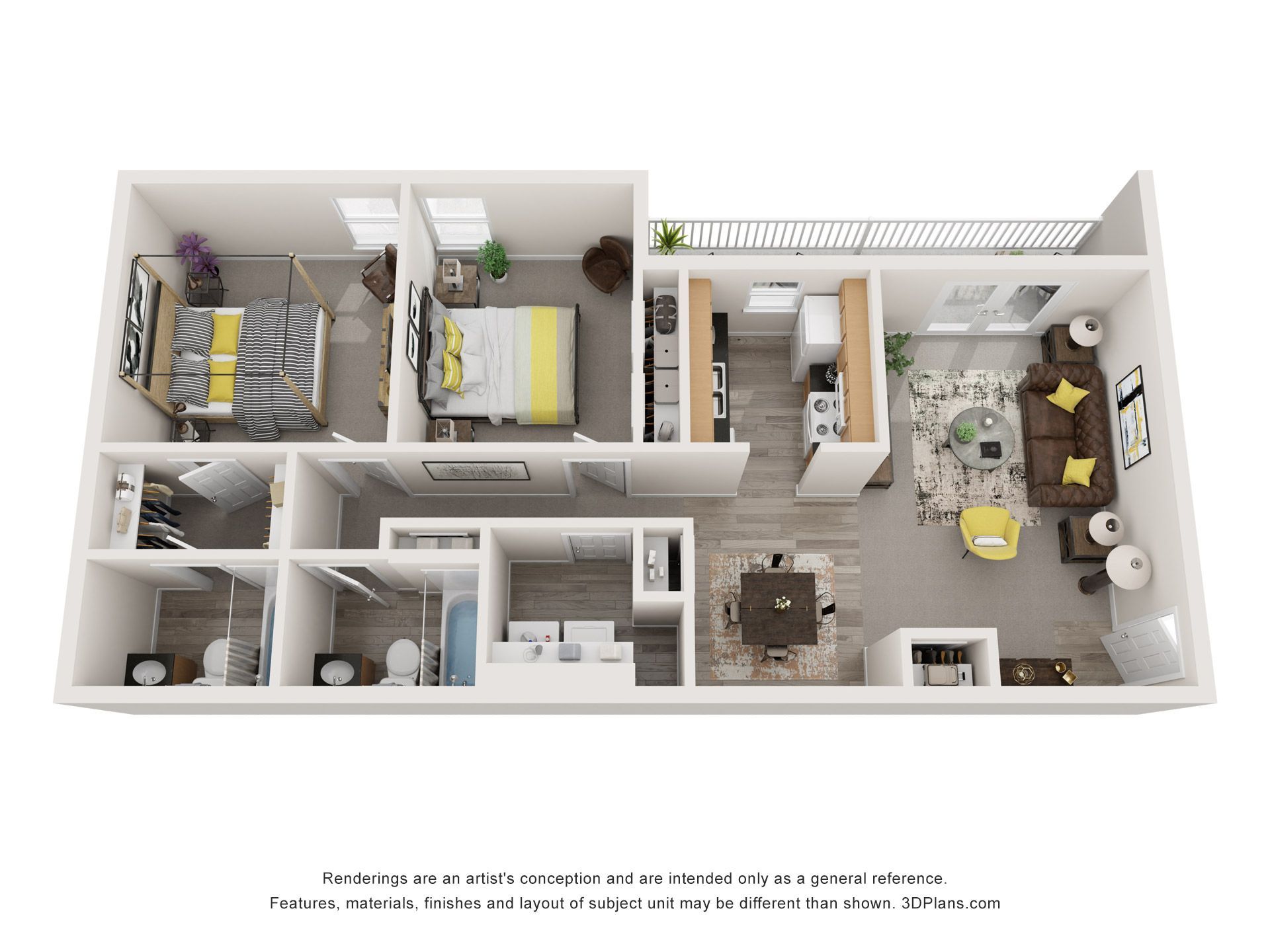 3D floor plan of a compact apartment with two bedrooms, bathroom, kitchen, and living area with yellow accents