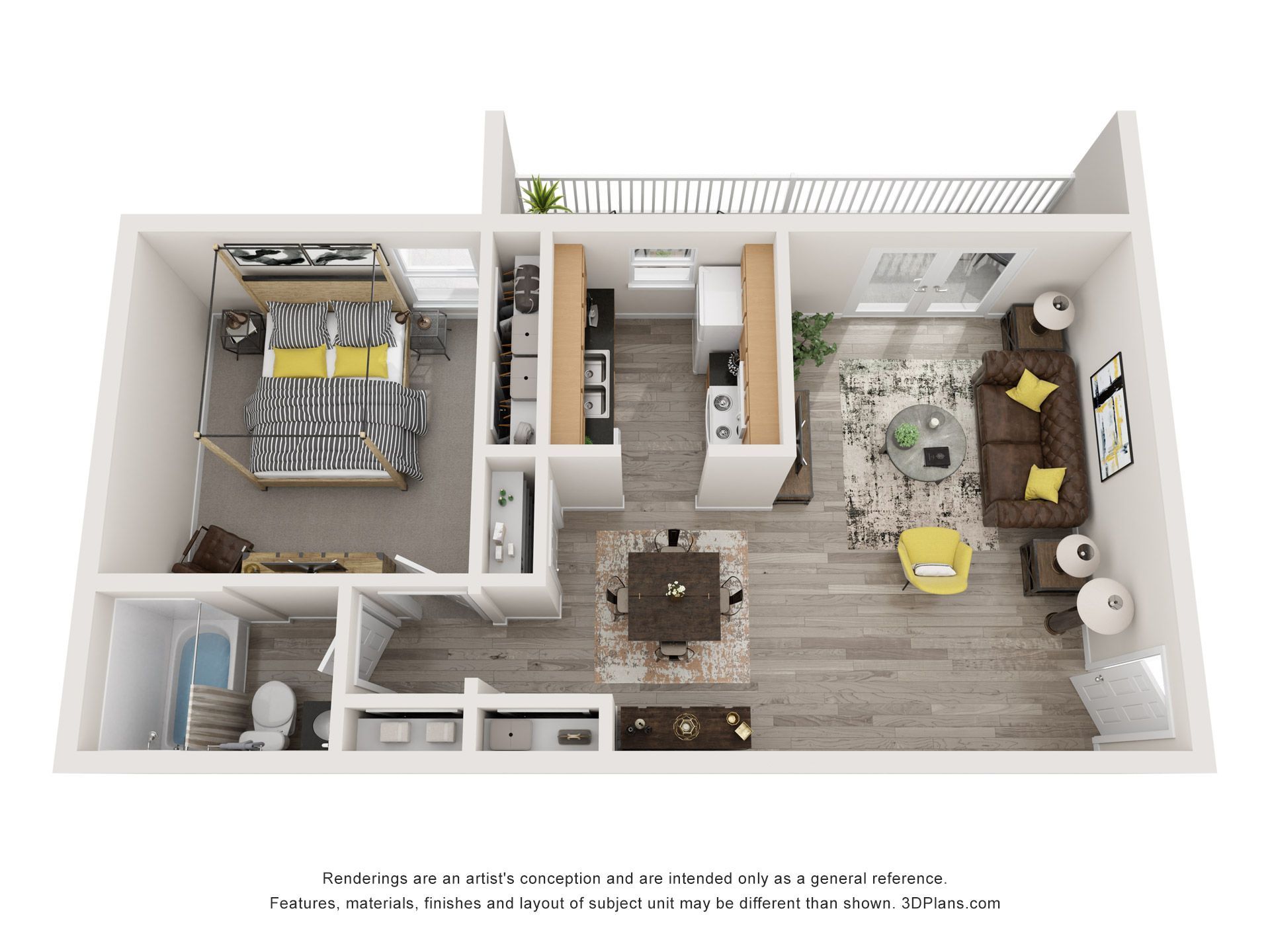 3D floor plan of a small apartment with bedroom, bathroom, kitchen, and living area in neutral tones