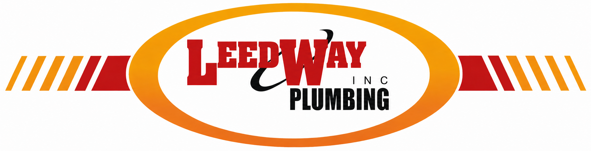 Logo for Leedway Inc. Plumbing, featuring text in a white oval with red and gold accents.