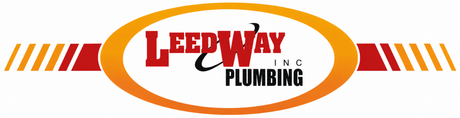 Logo for Leedway Inc. Plumbing, featuring text in a white oval with red and gold accents.
