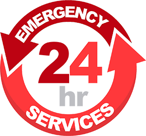 A red and white emergency 24 hr services logo