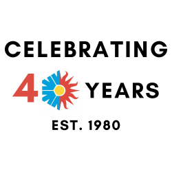A logo for celebrating 40 years est . 1980 with a sun and a flower.