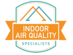 An orange and blue logo for indoor air quality specialists