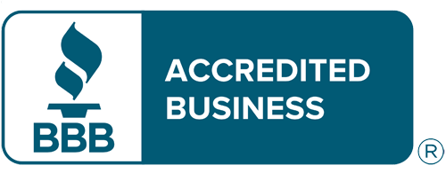 The bbb logo is blue and white and says accredited business.
