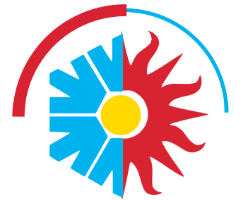 A blue and red sun in a circle on a white background