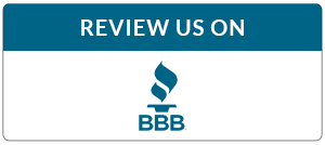 A blue and white sign that says review us on bbb