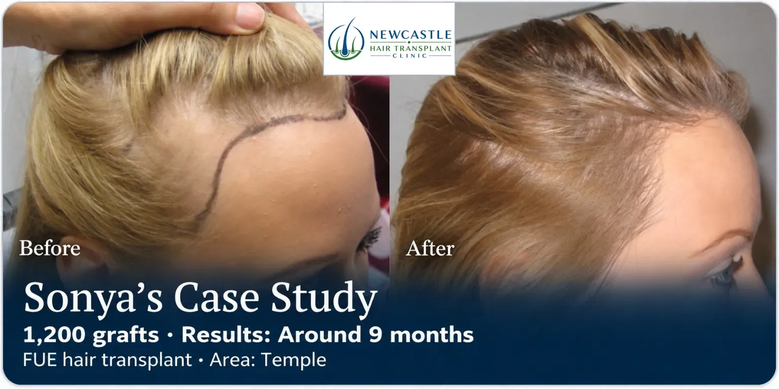 Sonya: FUE, Temple, 1,200 grafts, results at 9 months