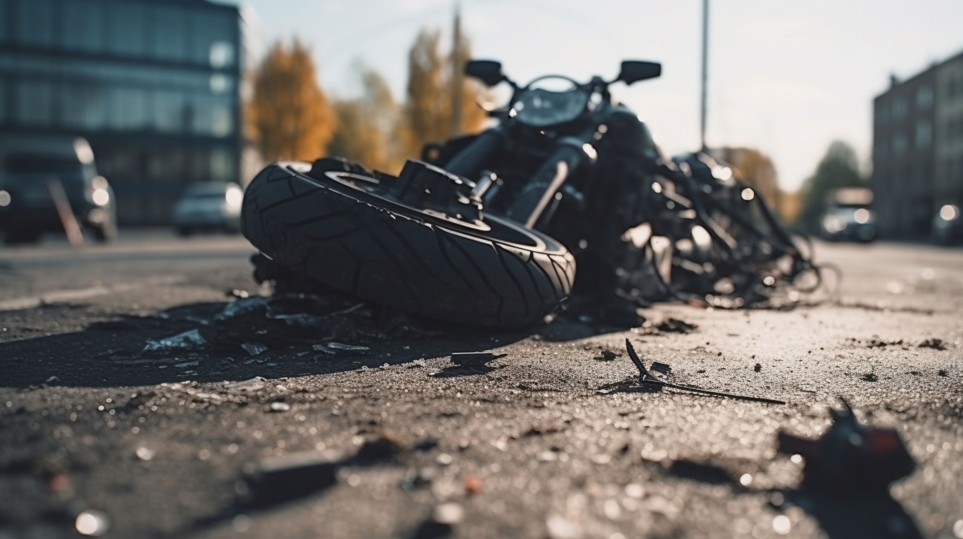 Overturned motorcycle on a wet road, with debris scattered in a blurred city street scene.