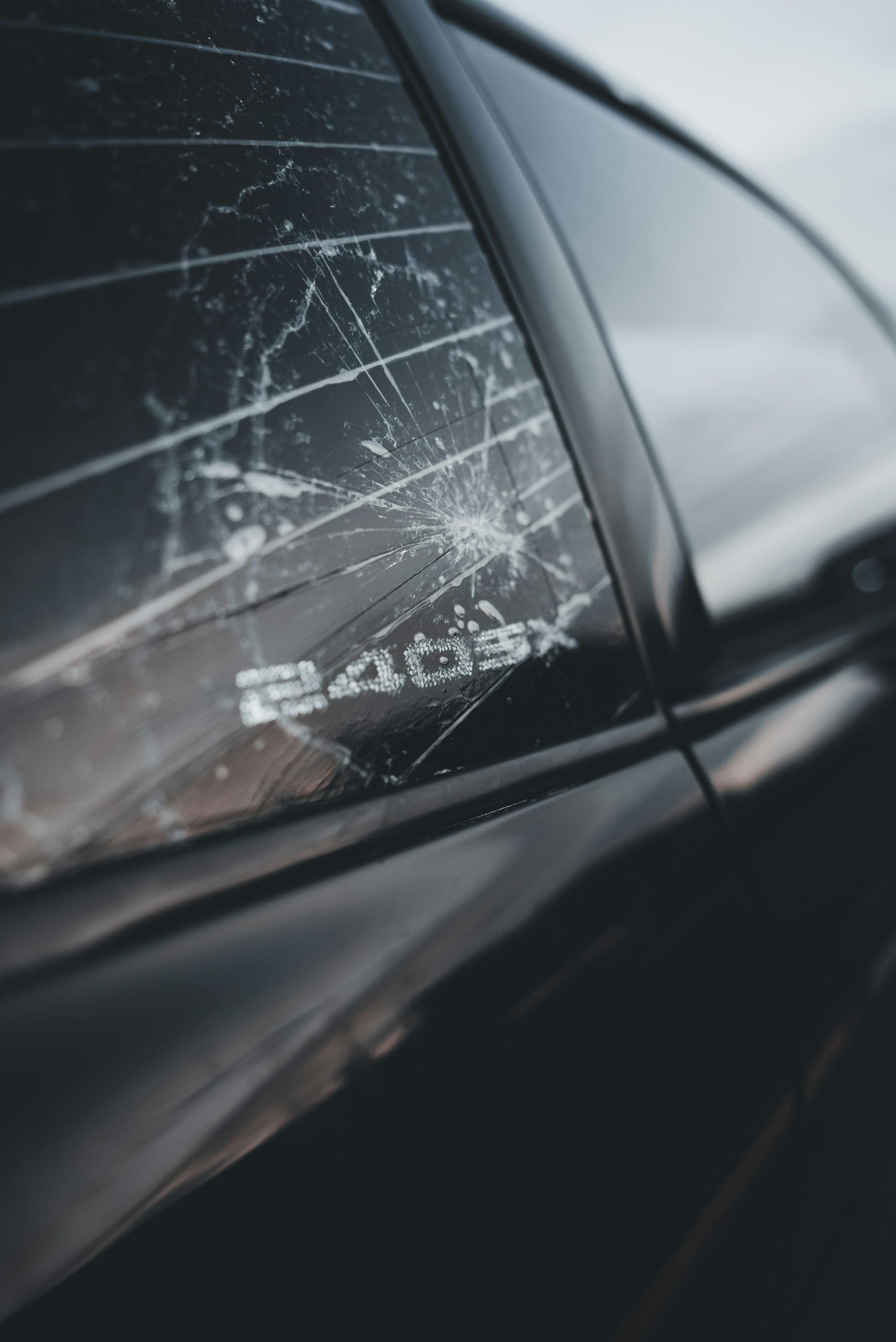 Close-up of a black car side window with cracks and spiderweb damage