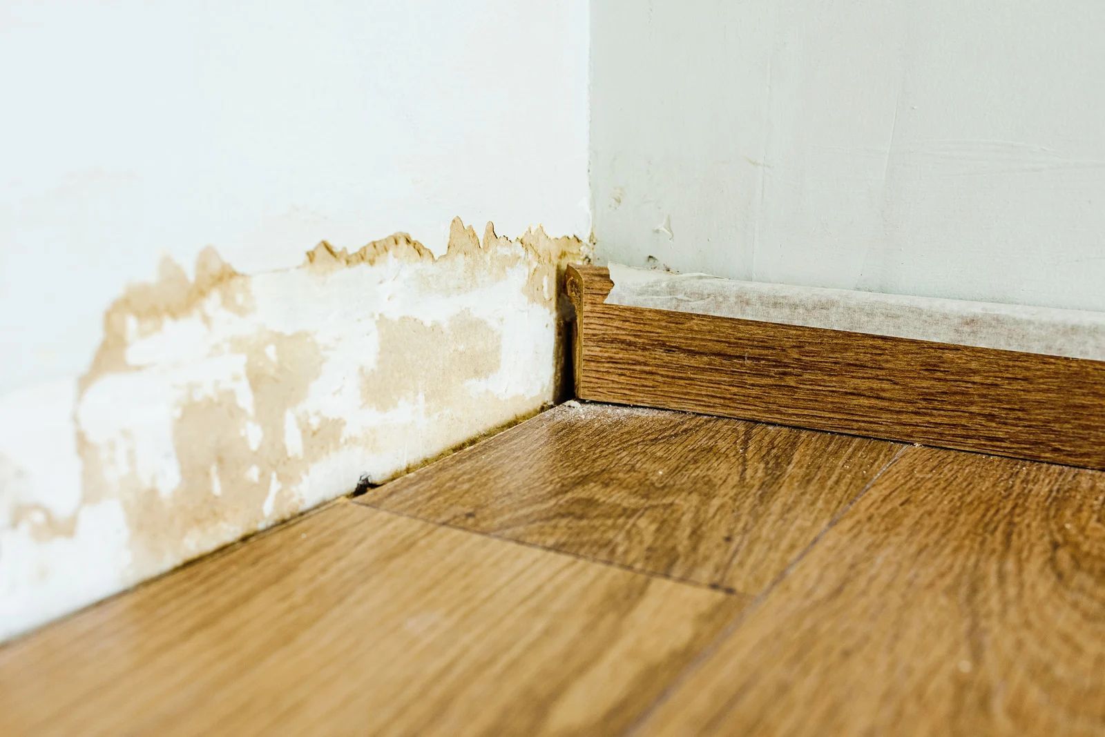 Water-damaged white wall corner with peeling paint above a wooden floor and baseboard