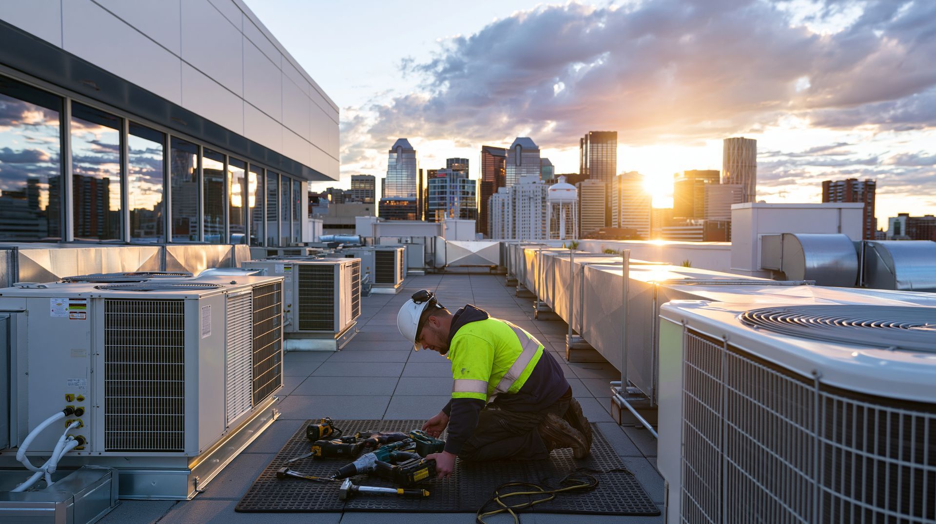 Commercial HVAC maintenance technician servicing rooftop air conditioning units.