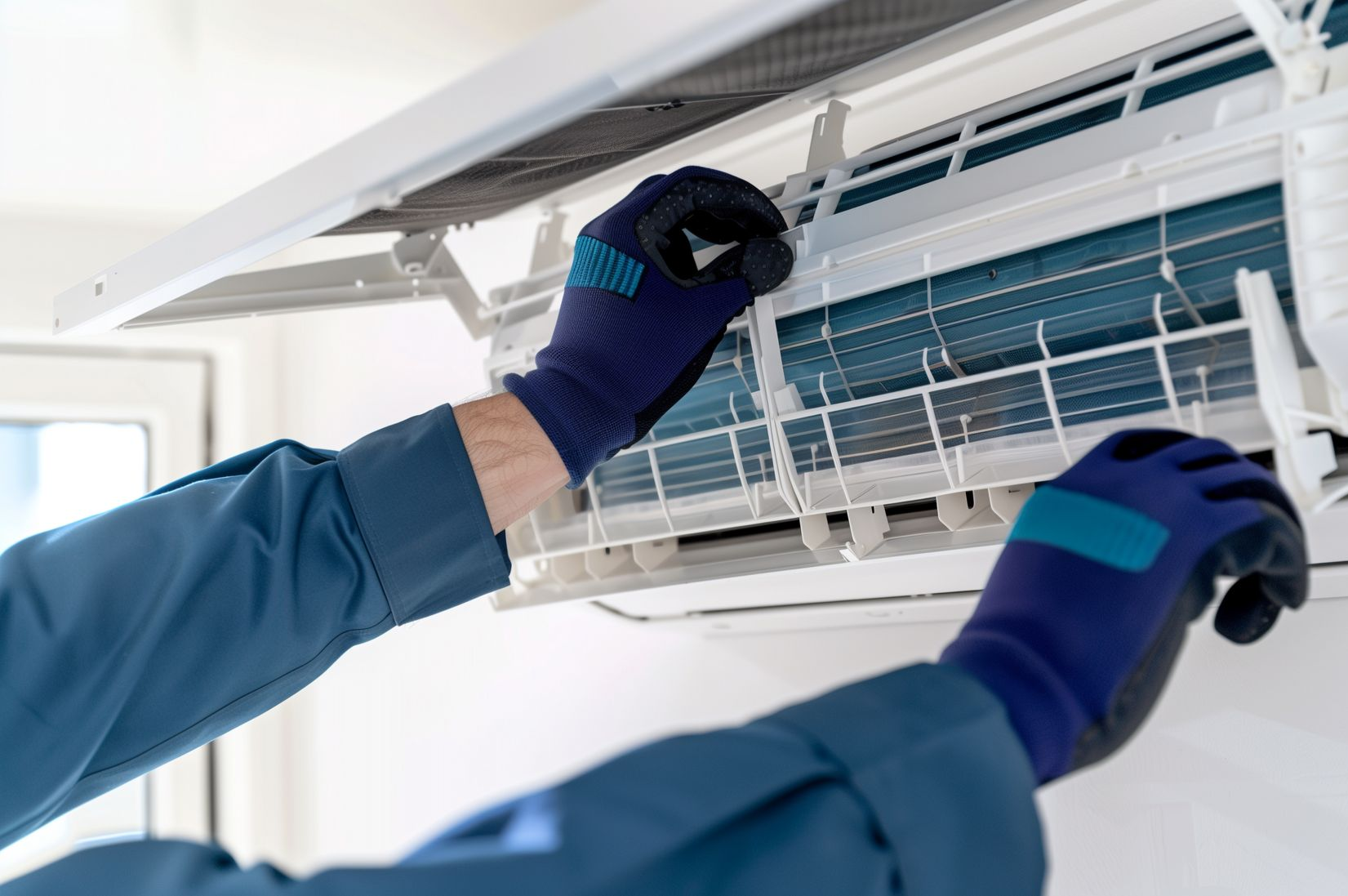 Technicians cleaning a wall-mounted air conditioner with gloves and tools