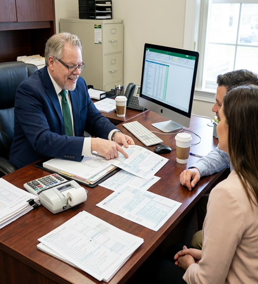 Three people review documents at a desk in a bright office, with a computer monitor nearby.