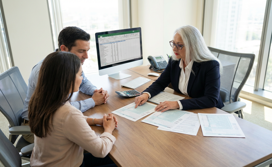 Three colleagues meeting at a desk, reviewing paperwork with a computer monitor in a bright office.