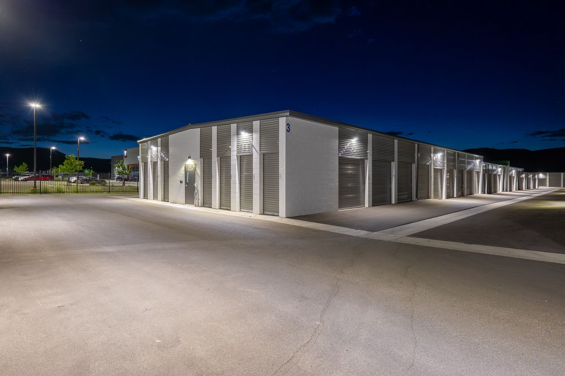 Storage buildings and landscaping at night in Gypsum, CO