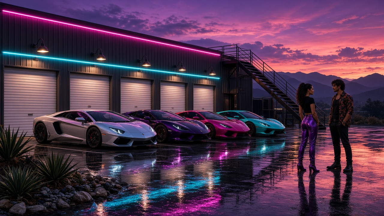 Big Sky Storage facility · GTA 6 style · couple + 4 cars