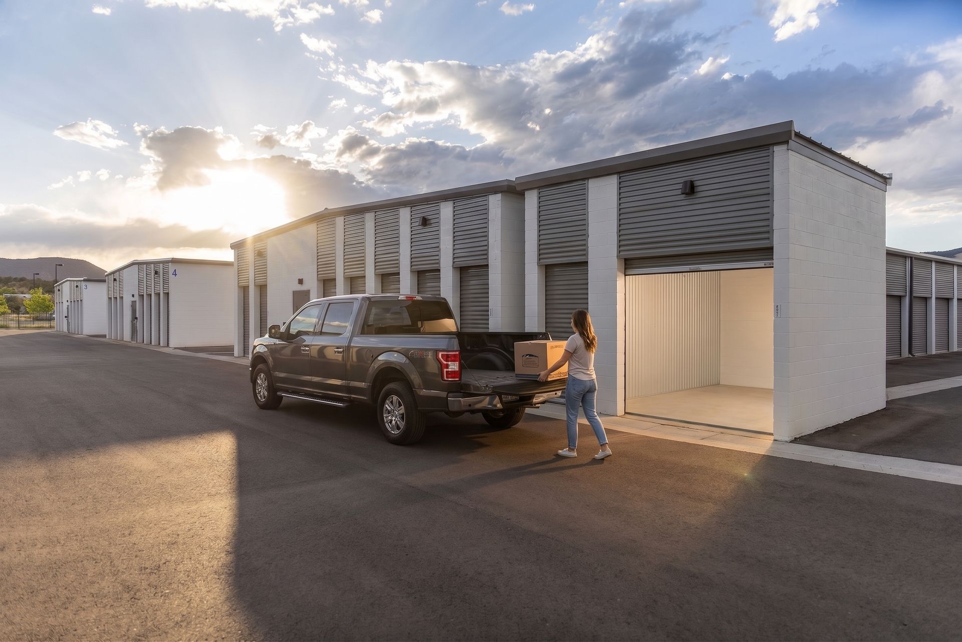 Pickup truck unloading at an open drive-up storage unit in Gypsum, CO