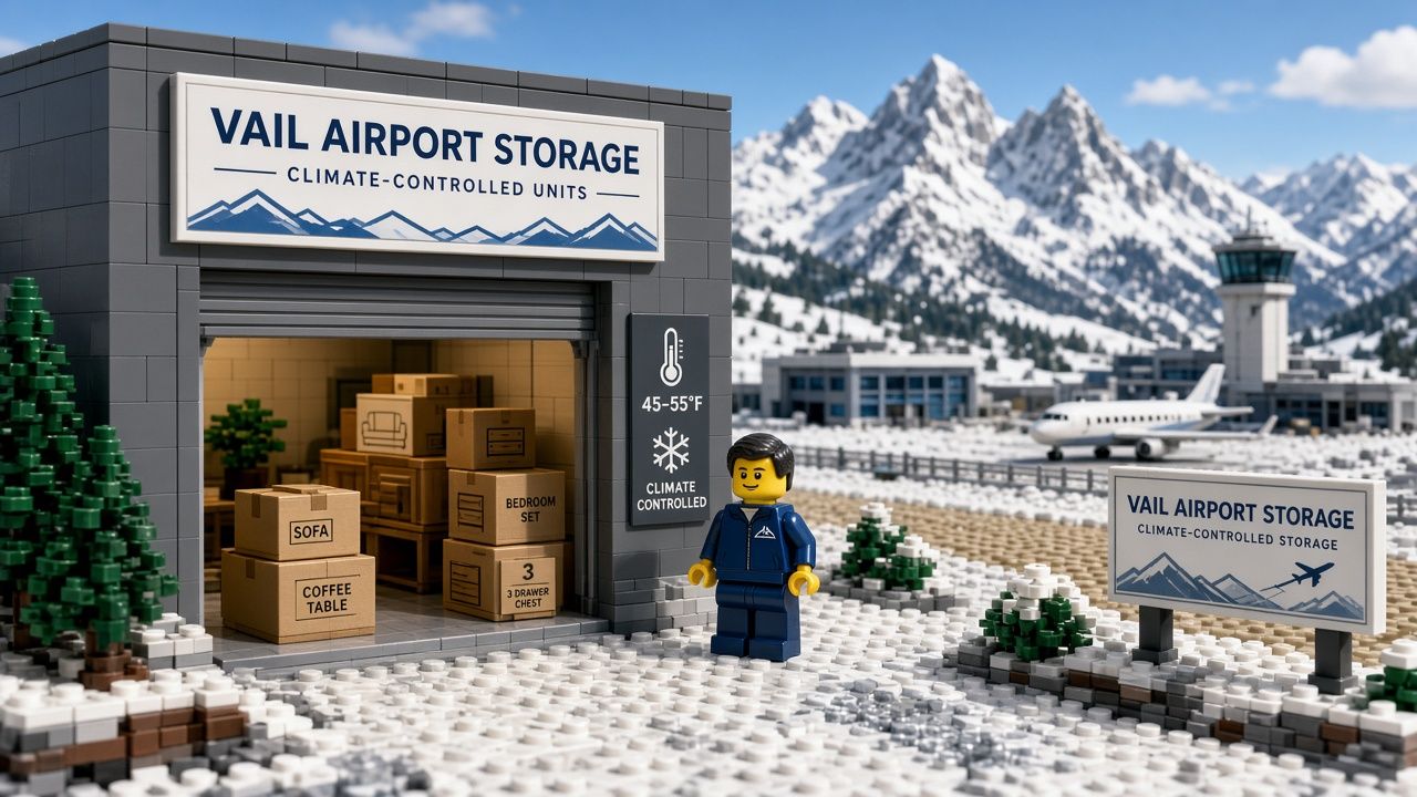 Lego style high-altitude climate storage scene with a climate-controlled unit door open, thermometer and snowflake icons, boxed furniture, a staff minifigure, and snowy Eagle County peaks behind Vail Airport Storage
