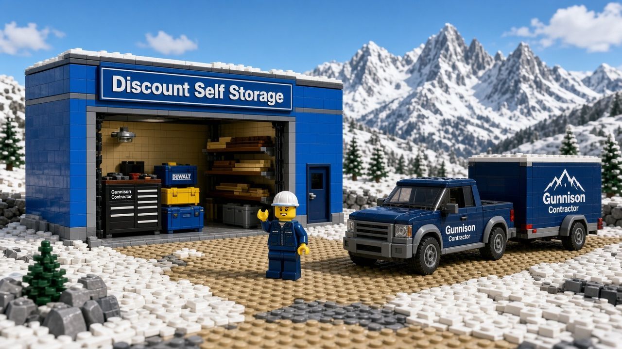 Lego style Gunnison contractor storage scene with a pickup and tool trailer at an open roll-up unit, labeled toolboxes and lumber, a staff minifigure in a hard hat, and snowy mountains behind a Discount Self Storage building