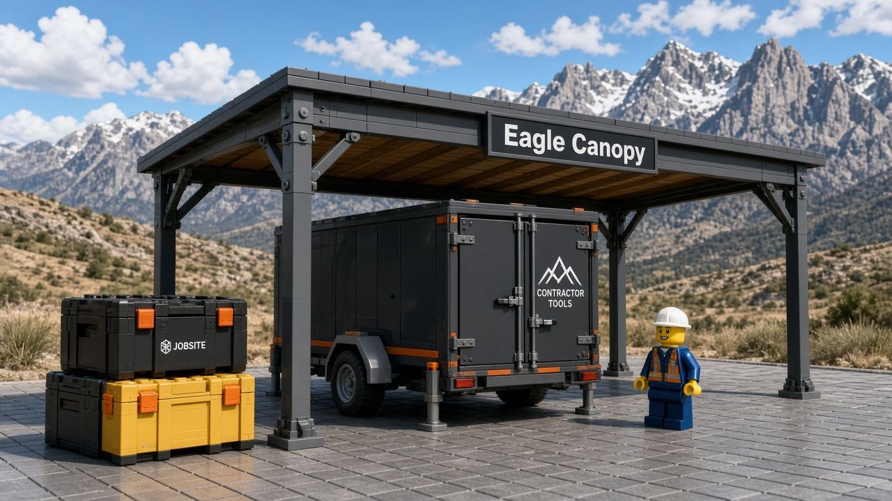 Lego style Eagle Canopy scene with a contractor tool trailer parked under a steel canopy, stacked jobsite crates, a worker in a hard hat, and mountain peaks behind the paved Gypsum lot