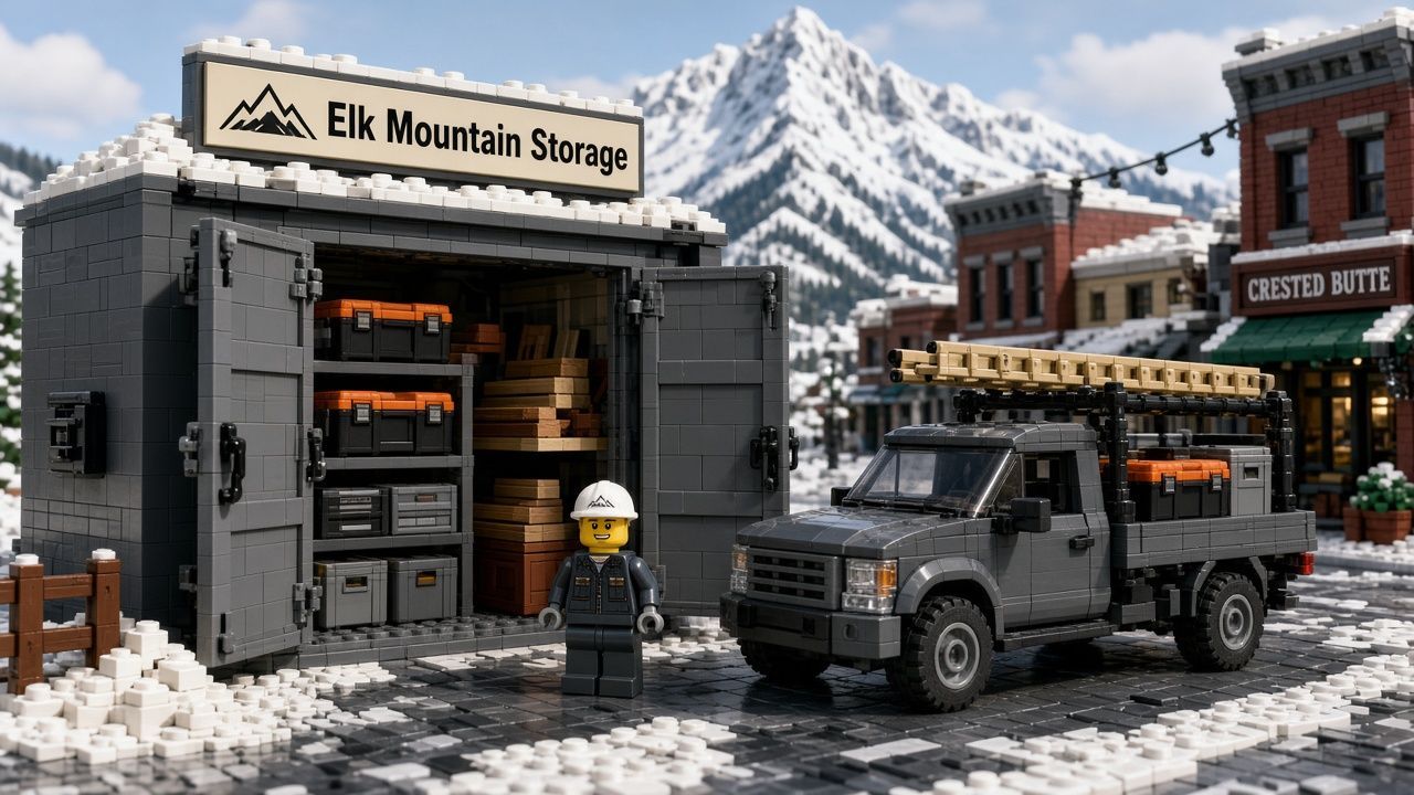 Lego style Crested Butte contractor scene with an open storage unit, labeled tool totes and lumber, a pickup with a ladder rack, a staff minifigure in a hard hat, and a snowy peak behind Elk Mountain Storage