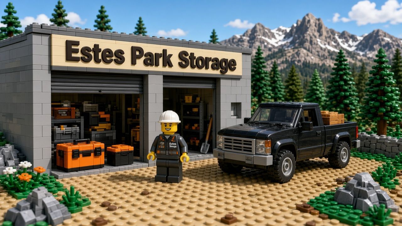 Lego style Estes Park contractor scene with an open roll-up unit, tool totes and lumber, a pickup near pine trees, a staff minifigure in a hard hat, and Rocky Mountain peaks behind Estes Park Storage