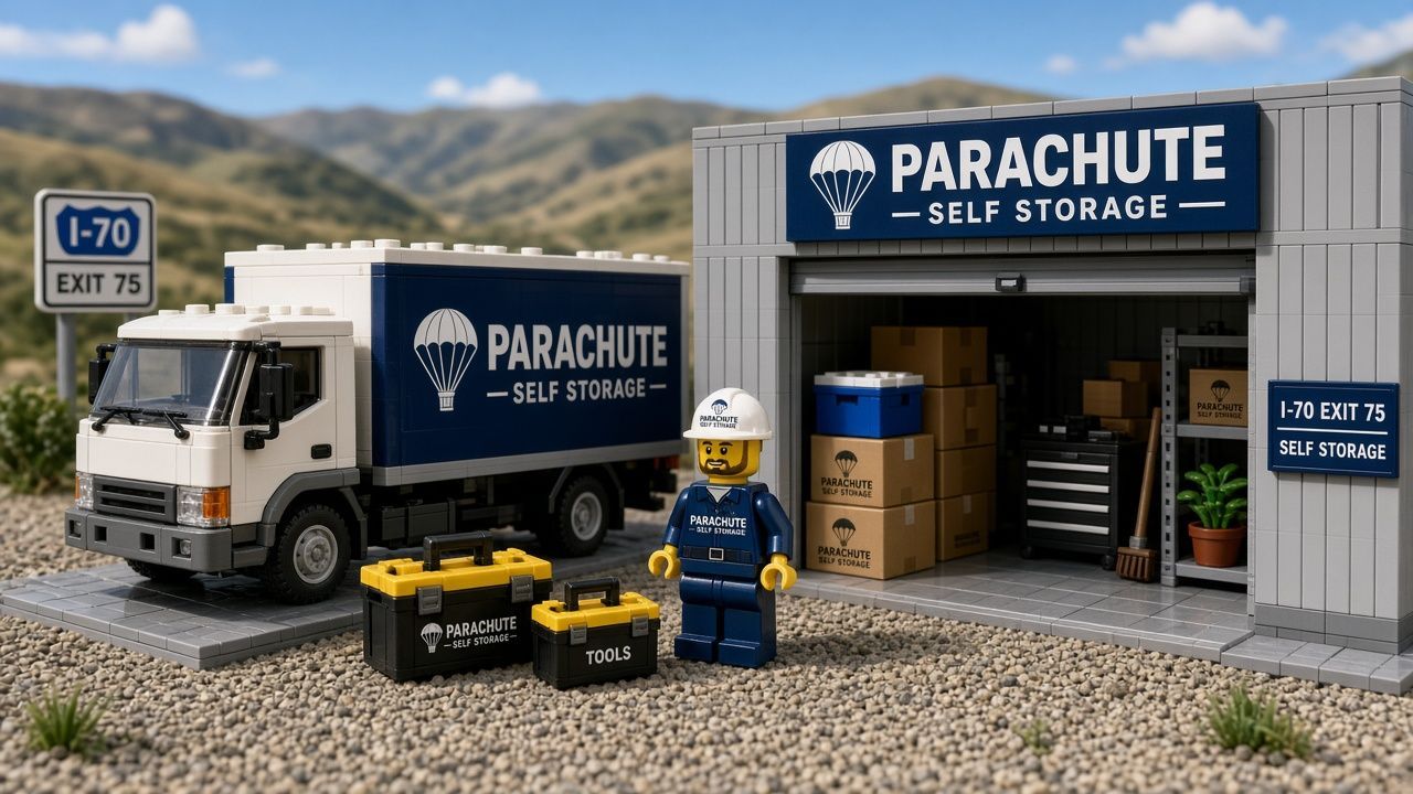 Lego style Parachute contractor scene with a service truck and tool totes at an open unit, an I-70 overpass sign, a staff minifigure in a hard hat, and Western Slope hills behind Cardinal Way storage
