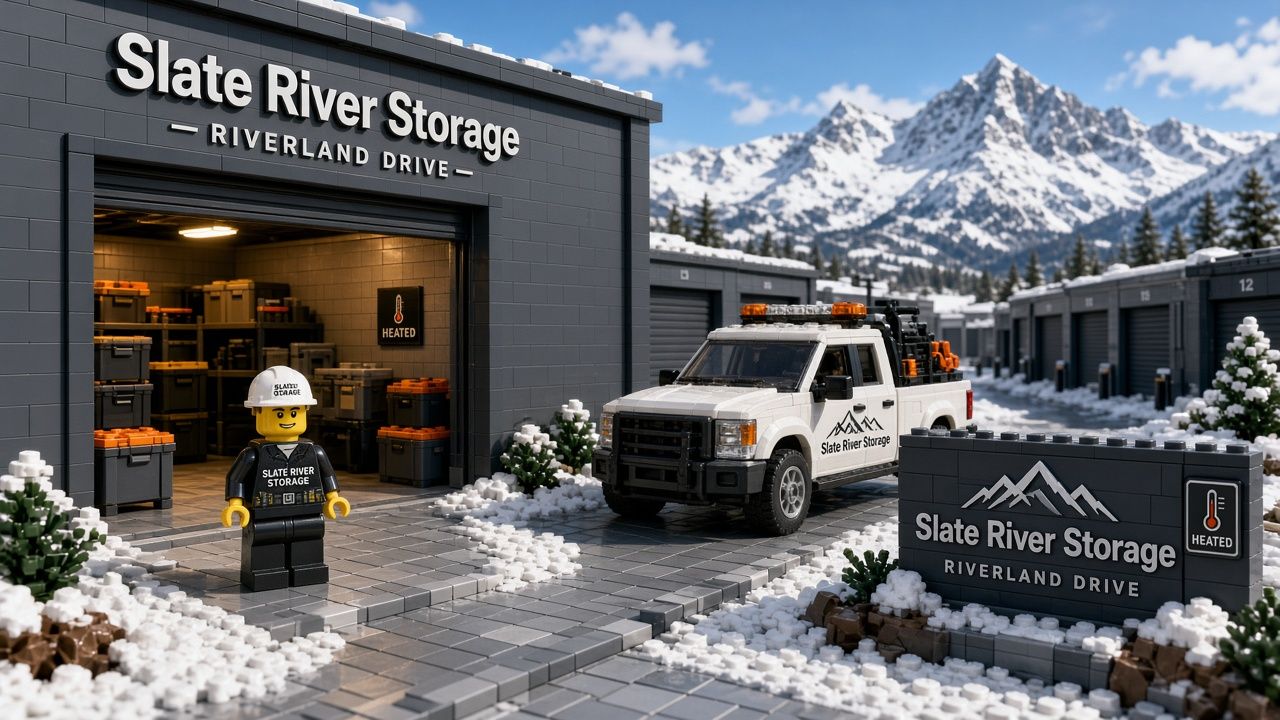 Lego style Riverland Drive contractor scene with a heated storage unit door open, labeled tool totes, a work truck, a staff minifigure in a hard hat, and a snowy Crested Butte peak behind Slate River Storage