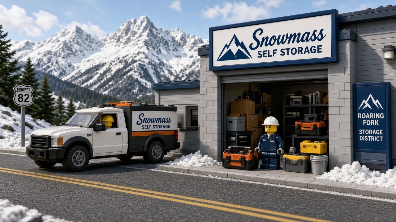 Lego style Snowmass contractor scene with an open storage unit, labeled tool totes, a work truck on a Highway 82 style road, a staff minifigure in a hard hat, and snowy Roaring Fork peaks behind Snowmass Self Storage