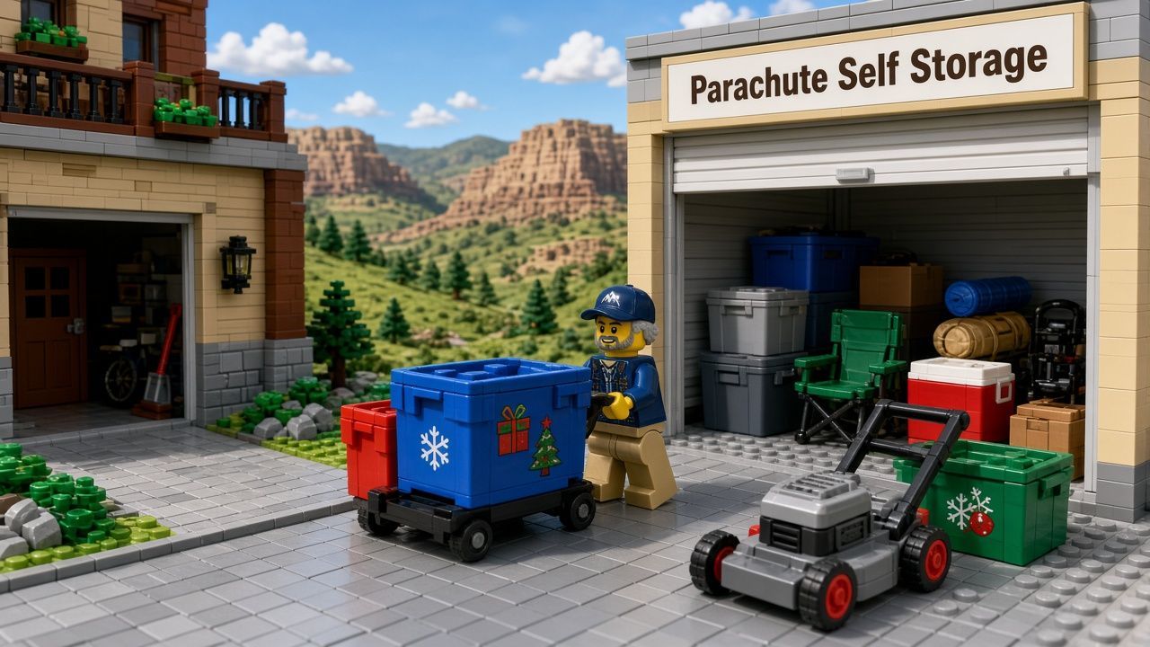 Lego style Battlement Mesa townhome owner minifigure moving holiday bins, a lawn mower and camping gear from a crowded garage into a drive-up unit at Parachute Self Storage on Cardinal Way