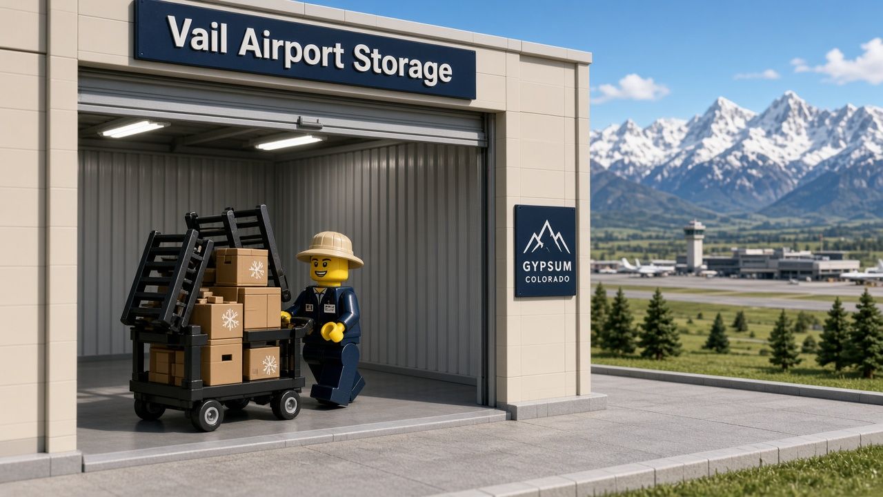 Lego style Vail Valley shop owner minifigure rolling a cart of boxed seasonal inventory and folded display racks into a clean climate-controlled unit at Vail Airport Storage in Gypsum