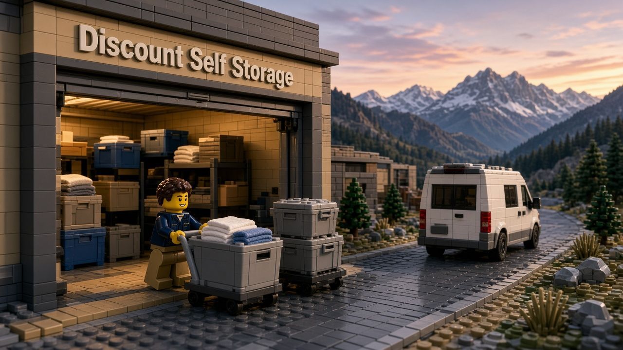 Lego style Gunnison property manager minifigure loading turnover bins and a linen cart into a drive-up unit at Discount Self Storage at dawn, with a van pointed up valley toward Crested Butte
