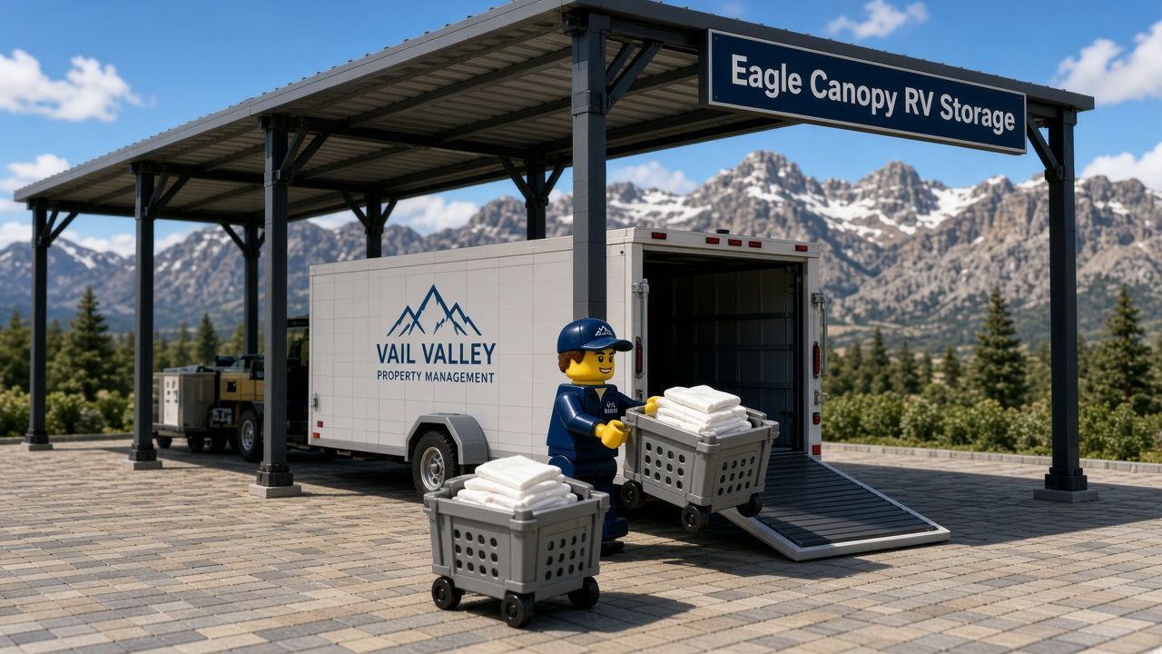 Lego style Vail Valley property manager minifigure loading linen bins into an enclosed cargo trailer parked under a covered steel canopy at Eagle Canopy RV Storage in Gypsum, with mountains behind
