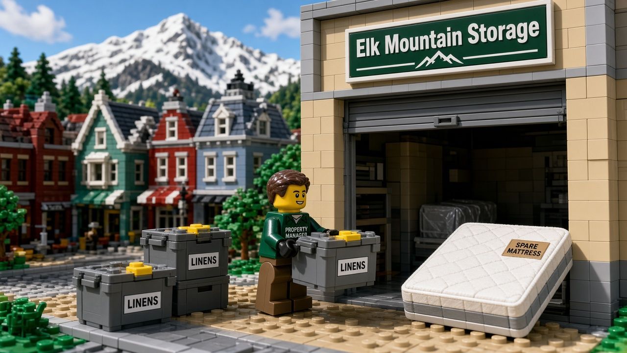 Lego style Crested Butte property manager minifigure loading labeled linen bins and a spare mattress into an open storage unit at Elk Mountain Storage, with colorful downtown rooftops and a snowy peak behind