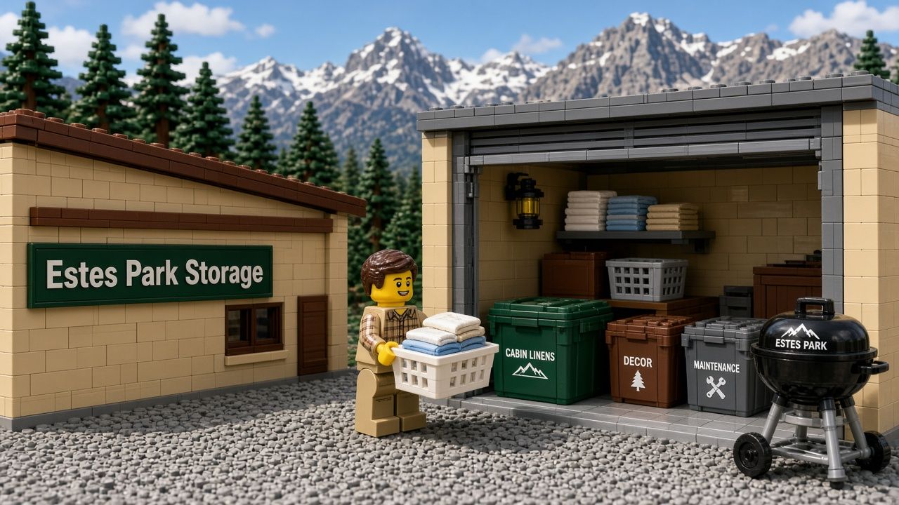 Lego style Estes Park property manager minifigure unloading cabin linens, a spare grill and labeled bins into a drive-up unit at Estes Park Storage, with pine trees and mountain peaks behind