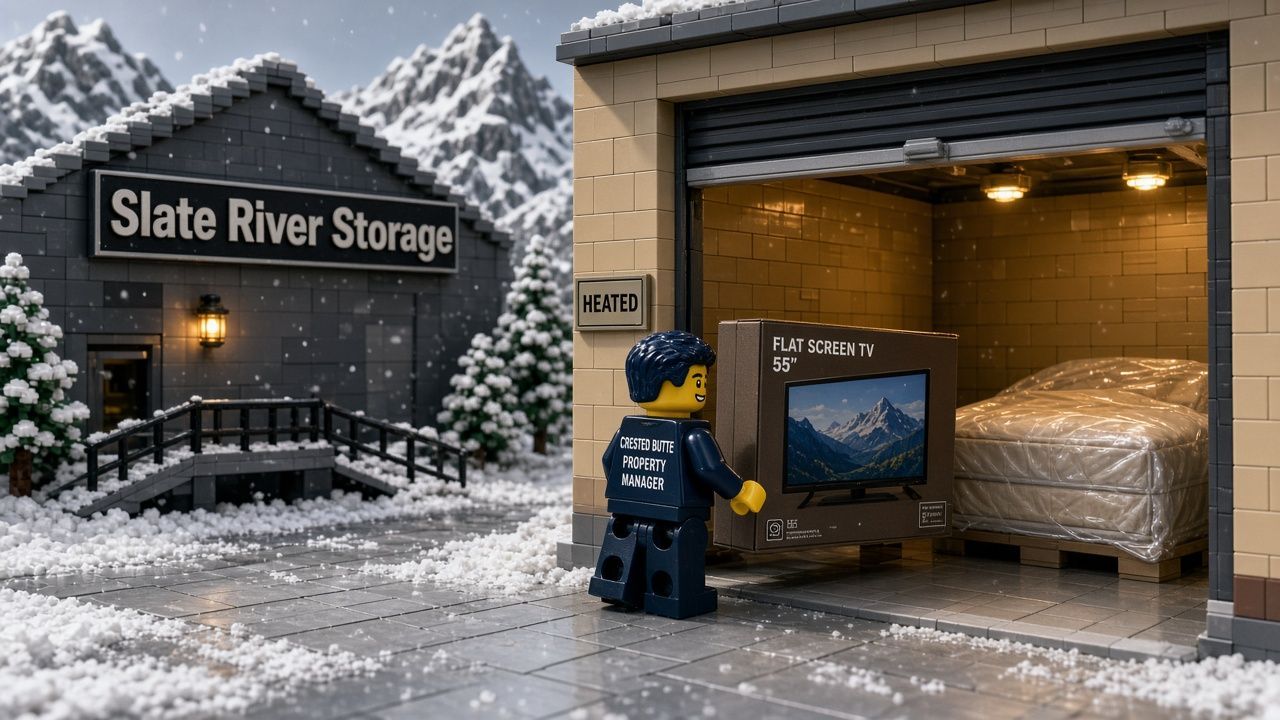 Lego style Crested Butte property manager minifigure placing a smart TV box and wrapped mattress into a warm heated storage unit at Slate River Storage on Riverland Drive while snow falls outside