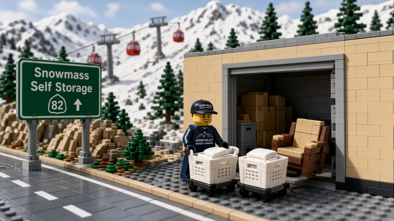 Lego style Aspen Valley property manager minifigure loading linen bins and a spare armchair into a unit at Snowmass Self Storage on Highway 82, with a ski lift and snowy slopes behind