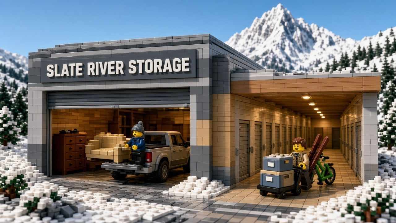 Lego style Slate River Storage building with a pickup backed into an open drive-up unit on the left and a minifigure rolling a cart down a lit interior hallway on the right, with snowy peaks behind