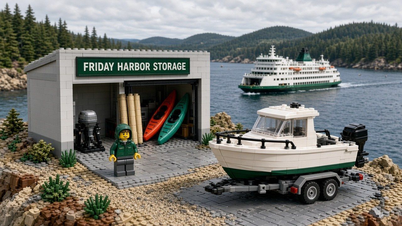 Lego style Friday Harbor scene with a small boat on a trailer beside a drive-up storage unit, a ferry in the harbor, a staff minifigure, and evergreen hills behind Friday Harbor Storage
