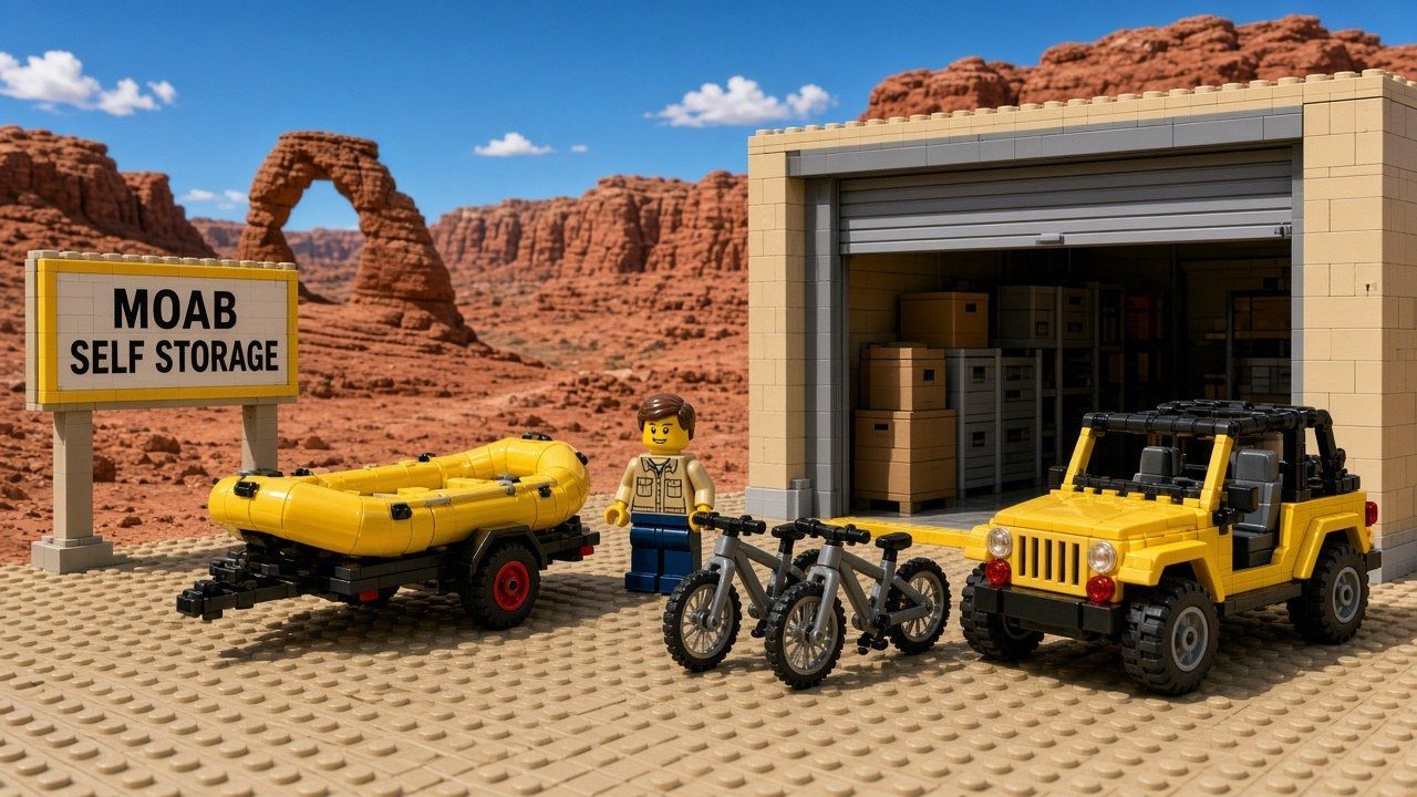 Lego style Moab scene with a raft on a trailer, mountain bikes and a jeep at a drive-up storage unit, a staff minifigure, and red rock arches behind Moab Self Storage