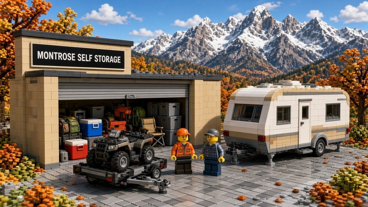 Lego style Montrose scene with an ATV on a utility trailer at an open drive-up storage unit, camp gear and coolers inside, a staff minifigure in blaze orange, and the San Juan Mountains behind Montrose Self Storage