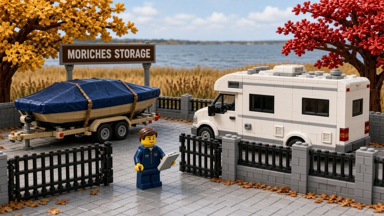 Lego style East Moriches scene with a covered boat on a trailer and an RV parked in a gated paved lot, a staff minifigure, and autumn trees near Moriches Bay at Moriches Storage