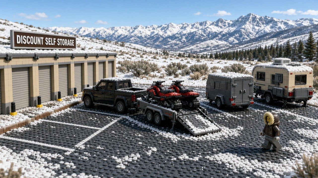 Lego style open-air storage lot at Discount Self Storage in Gunnison with a pickup and a snowmobile trailer, a cargo trailer and a camper parked on a snowy lot, with a mountain range behind