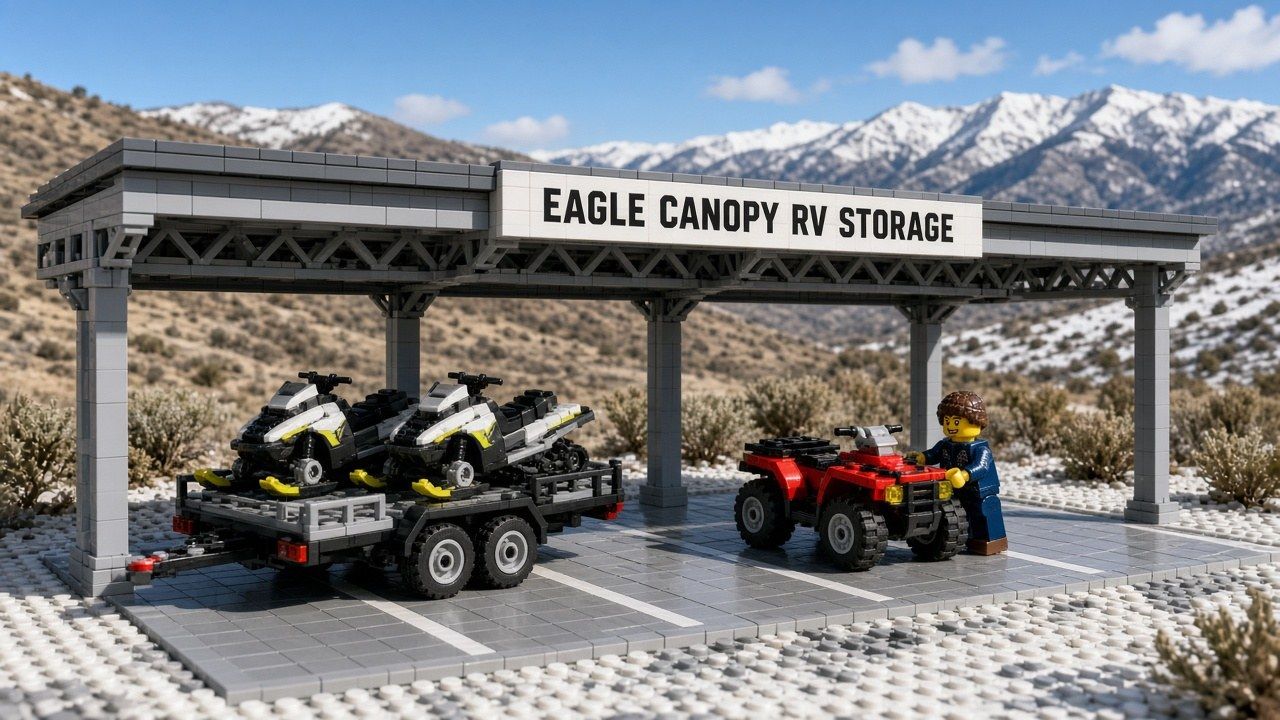 Lego style covered steel canopy at Eagle Canopy RV Storage sheltering a trailer with two snowmobiles and a red ATV, with a minifigure beside it and snowy hills behind