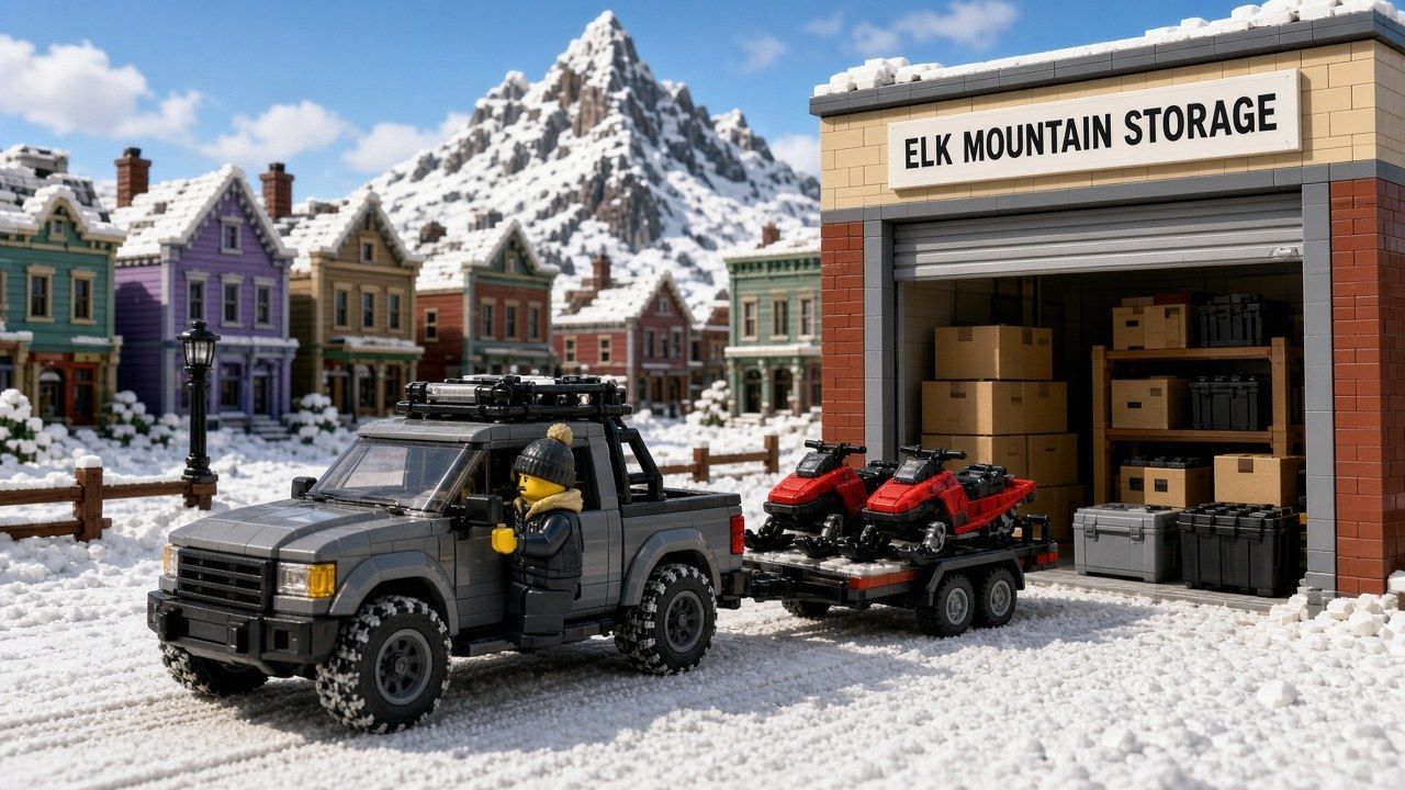 Lego style pickup towing a trailer with two red snowmobiles past an open storage unit at Elk Mountain Storage, with colorful Crested Butte storefronts and a snowy peak behind